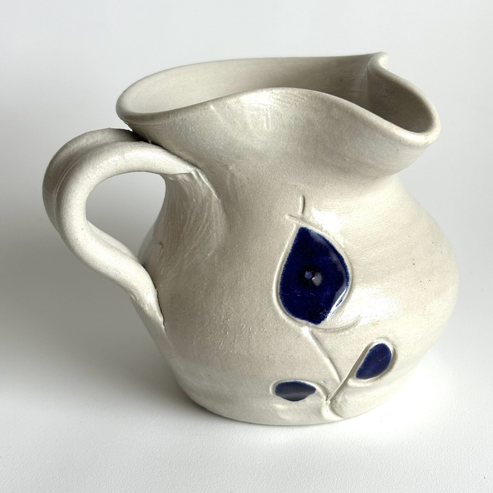 Williamsburg Pottery Blue Salt Glaze Small 3" Creamer Pitcher Cobalt Blue Leaf